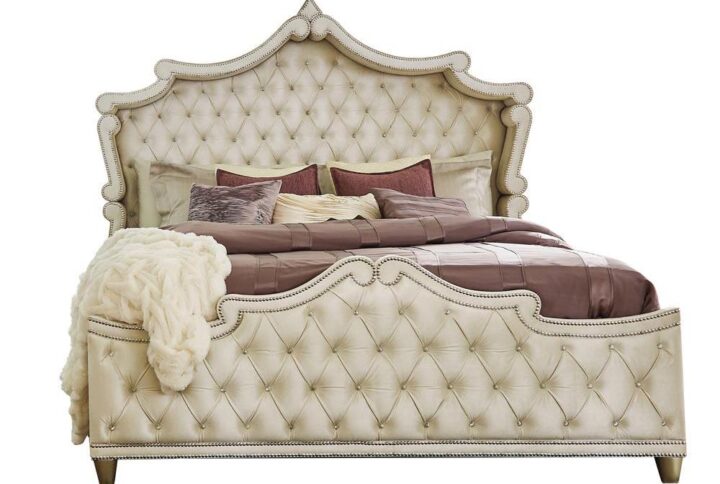 A traditional and modern bedroom set meets all expectations for an incredible impact in your sleeping space. Smooth and soft upholstered enhances each piece in this set. Coming in a camel and ivory color