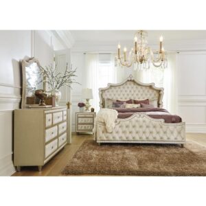 this set is inspired by French Provincial decor. Crystal-like accents make their presence known within the button tufting. Gorgeous nailhead trim adds the finishing touch on this upholstered bedroom set.