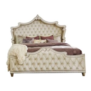 A traditional and modern bedroom set meets all expectations for an incredible impact in your sleeping space. Smooth and soft upholstered enhances each piece in this set. Coming in a camel and ivory color