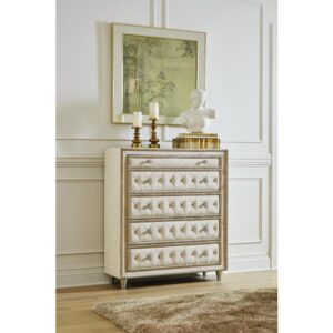 This five-drawer chest is ornately designed with French Provincial decor in mind. The perfect blend of traditional and modern