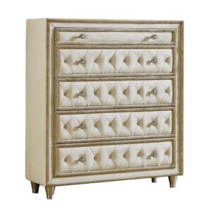this upholstered chest comes in a gorgeous ivory and camel color. Button tufting makes this chest a masterpiece with its crystal-like accents. Tapered legs provide this chest with support while adding to the chest's aesthetics. Use the expansive tabletop for displaying decor.