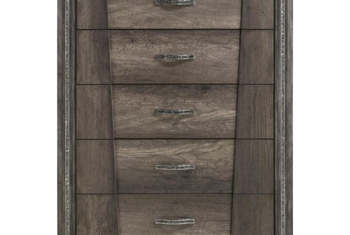 Achieve the perfect balance of style and utility with our 5-drawer chest. From the mesmerizing glittering strips to the smooth grey oak finish