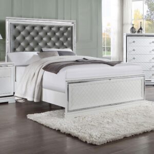 Vibrating radiance and elegance is this glamorous bed from the Eleanor bedroom collection. With stunning features like reflective mirror trim accents and a button-tufted padded headboard with sparkling crystal-like buttons set in a silver velvet fabric