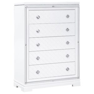 glam five-drawer chest. The stack of spacious drawers showcases a dual crocodile and diamond embossed surface