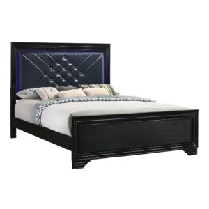 Every bedroom instantly becomes more alluring with this LED light-up bed. A faux leather argyle panel headboard is adorned with crystal-like tufting and lighting around the frame. Molding accents surround the frame and a deep black with midnight star finish makes this panel bed an eye-popping display. The single panel footboard is enveloped in a molded frame for stylish appeal. This piece is supported on bracket style feet and made from quality Asian hardwood.