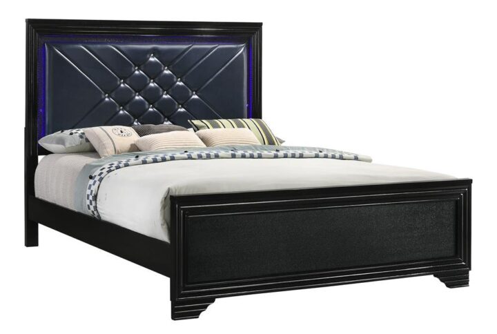 Every bedroom instantly becomes more alluring with this LED light-up bed. A faux leather argyle panel headboard is adorned with crystal-like tufting and lighting around the frame. Molding accents surround the frame and a deep black with midnight star finish makes this panel bed an eye-popping display. The single panel footboard is enveloped in a molded frame for stylish appeal. This piece is supported on bracket style feet and made from quality Asian hardwood.