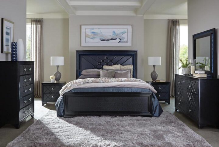 No ensemble will light up your life quite like this four-piece bedroom set. An extravagant headboard is equipped with built-in LED lighting that matches the mirror. Faux leather upholstery on the headboard is styled in an argyle pattern design with eye-catching acrylic buttons. The six-drawer dresser offers plenty of space to store garments