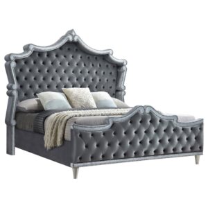 this gorgeous glam upholstered bed is an instant centerpiece in any bedroom. Lush gray velvet upholstery graces the shapely head and footboards