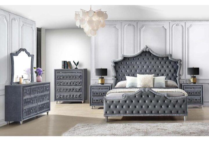 Sumptuous gray velvet upholstery on a glam five-drawer chest is the epitome of sophisticated elegance in your bedroom. A stand-out addition