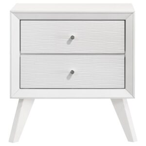 Enhance your bedroom aesthetic with our Janelle 2-drawer nightstand. Showcasing a unique wave-effect design and adorned with faux crystal knobs