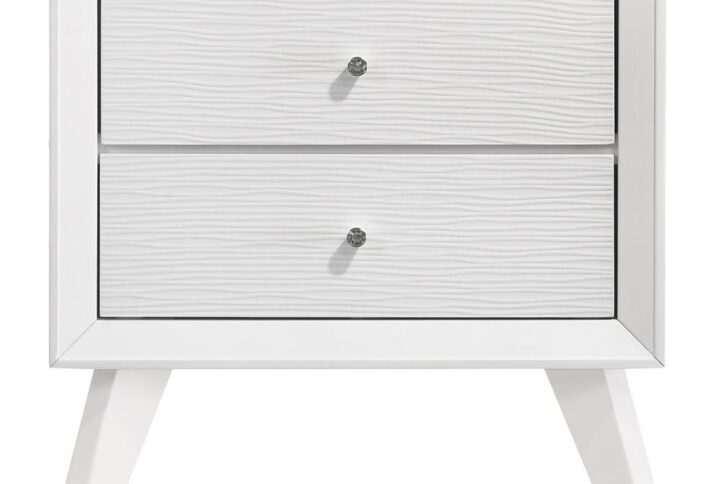 Enhance your bedroom aesthetic with our Janelle 2-drawer nightstand. Showcasing a unique wave-effect design and adorned with faux crystal knobs