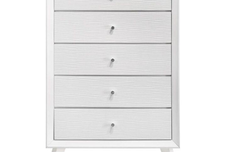 Elevate your bedroom with the functional and stylish Janelle 5-drawer chest. Its wave-effect design adds a touch of elegance