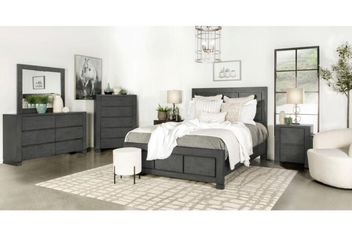 Five pieces create a bedroom ensemble that transforms a go-to place of comfort. Made of sustainable hardwood from rubberwood plantation lumber