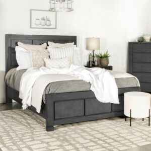 The cool ambiance of dark gray delivers a trending finish to this modern wood bed