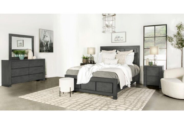 Embrace a clean linear look of simplicity by completing a bedroom space with this four-piece bedroom set. Constructed of sustainable hardwood from rubberwood plantation lumber