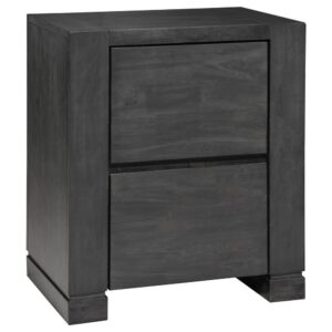 Partner this wood nightstand with a timeless bedroom ensemble to set up a comfortable space for relaxation. Clean lines shape a tasteful silhouette of simplicity. A cool dark gray finish coats sustainable solid hardwood from rubberwood plantation lumber. Operate drawers smoothly on metal glides