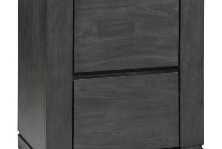 Partner this wood nightstand with a timeless bedroom ensemble to set up a comfortable space for relaxation. Clean lines shape a tasteful silhouette of simplicity. A cool dark gray finish coats sustainable solid hardwood from rubberwood plantation lumber. Operate drawers smoothly on metal glides