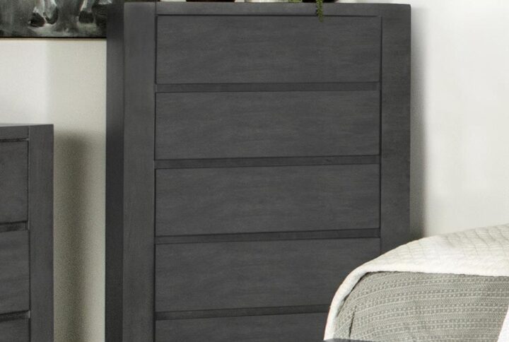 A cool dark gray finish infuses contemporary elegance to any master or guest suite with the addition of this five-drawer wood chest. Simplicity in design adds to an updated look with plenty of versatility. Fashioned of sustainable hardwood from rubberwood plantation lumber