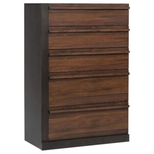 this five-drawer chest offers clean lines with a ton of versatility. Treated to a warm walnut and black two-tone finish
