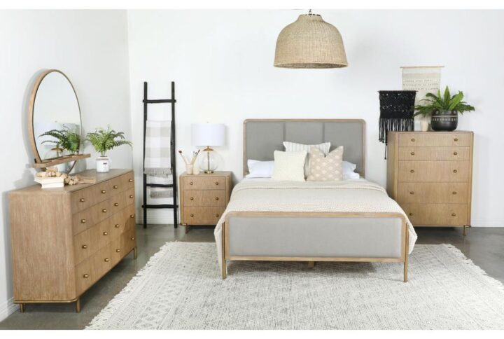 Elevate your retreat with this mid-century modern panel bed