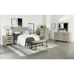 A neutral finish and clean lines direct the modern silhouetting of this five-piece bedroom set. This crisp