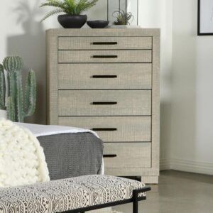 Add generous storage space and a cozy rustic modern motif to any bedroom with this tall chest. Clean lines create a simple silhouette with options to accommodate changing bedroom case pieces and bed designs. A soft rough sawn gray oak finish coats construction of Asian hardwood