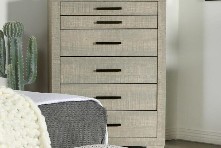 Add generous storage space and a cozy rustic modern motif to any bedroom with this tall chest. Clean lines create a simple silhouette with options to accommodate changing bedroom case pieces and bed designs. A soft rough sawn gray oak finish coats construction of Asian hardwood