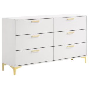 this six-drawer dresser presents a light and airy expression. Accented with gold finished drawer pulls and bracket style legs