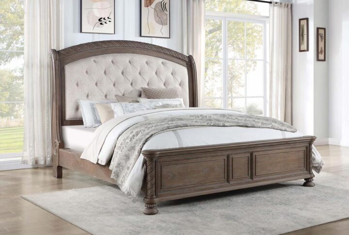 Reimagine bedroom aesthetics with the refined elegance and sophistication of a traditional wooden bed. Complete with an upholstered headboard