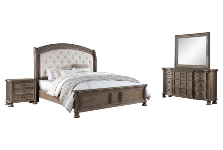 A transitional bedroom with traditional design featuring an arched headboard that is buttontufted as the centerpiece. Finished drawer boxes include brown felt-lined top drawers. The nightstand's top drawer has cord access for personal electronic charging. The wire-brushed surface has a beautiful vintage finish with faux wood carved columns and details.