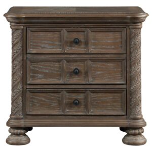 Spiraling botanicals bring ornate traditional flair to a three-drawer wooden nightstand. Complete with modern convenience