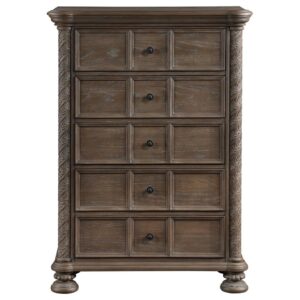 Standout attention to detail infuses this traditional five-drawer chest with sophisticated elegance. Spiraling trim highlights corner columns while bun feet create a sense of richness and regality that impresses in any bedroom or dressing area. Five roomy drawers deliver plentiful storage
