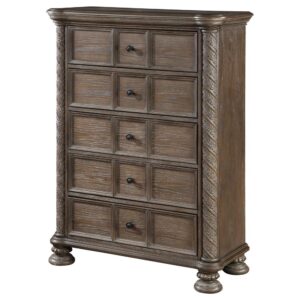 with trimmed drawer fronts that create dimensional allure to complement surrounding decor. The top drawer in the chest is felt-lined in soft brown
