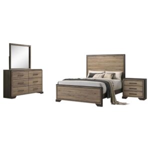 Elevate your rustic bedroom retreat with this contemporary bedroom set. A traditionally inspired platform bed frame offers a tall and stately headboard for dramatic effect. Designed with a charming faux wood surface