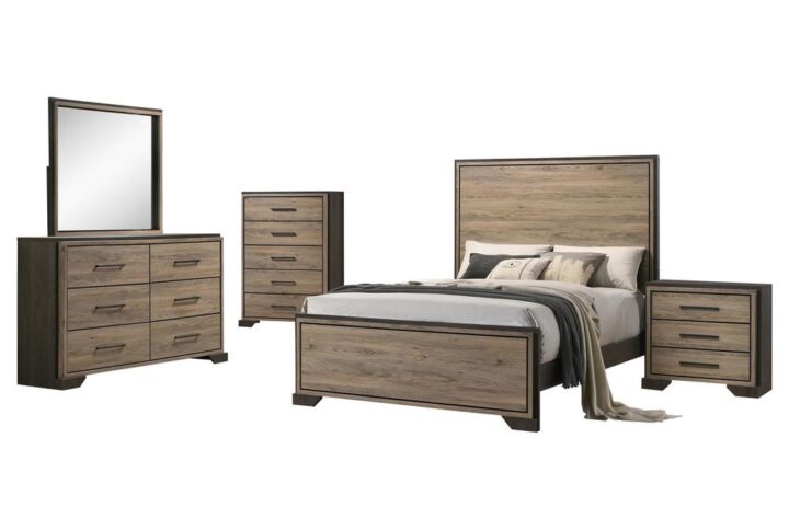 Elevate your rustic bedroom retreat with this contemporary bedroom set. A traditionally inspired platform bed frame offers a tall and stately headboard for dramatic effect. Designed with a charming faux wood surface