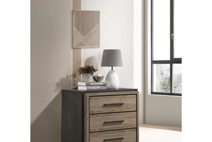 Admire the natural beauty presented in this rustic modern nightstand. Three spacious drawers