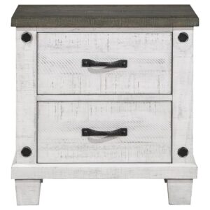 Roughhewn details bring rugged industrialism to the rustic farmhouse character of this two-drawer nightstand. Solidly built in pine wood and veneer
