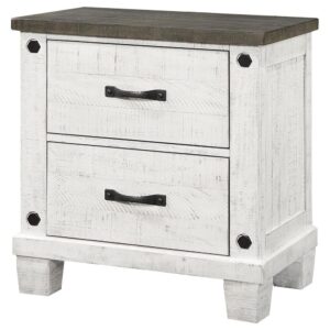 it features a distressed gray tabletop paired with a distressed white finish over its drawer case and base