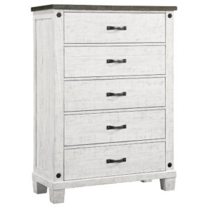 punctuated with a two-tone finish of white with a gray top that adds a contrasting accent. Distinctive hardware elevates the look with hexagonal bolts and rounded drawer pulls in a dark gunmetal finish that plays into the rustic look to perfection. Five spacious drawers keep clothing