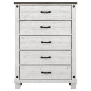 Light distressing brings the right touch of rugged character to this rustic farmhouse five-drawer chest. Sleek straight lines define the design