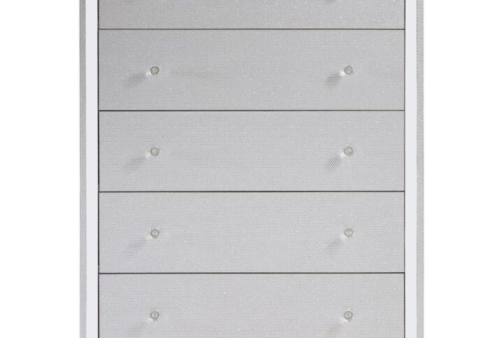 Introduce a touch of luxury to your space with our 5-drawer chest. Glimmering accents and crystal ball pulls add a glamorous flair