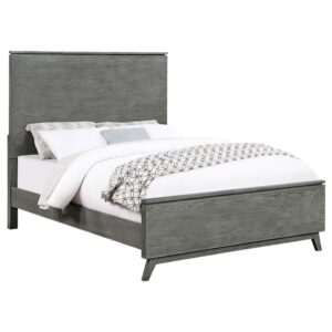 earthy energy of beautiful wood with this modern bed. A soft gray finish lends contemporary flair and highlights the gorgeous grain details of oak veneer and Asian hardwood construction. The bed boasts a tall
