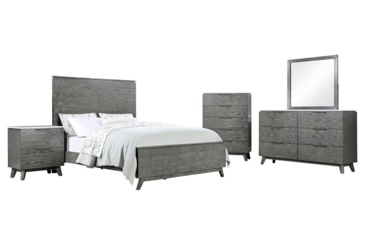 Transform your bedroom into a modern and chic space with this contemporary collection. The neutral grey finish accentuates the wood grain