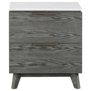 Strive for modern elegance and earthy ambiance in your stylish bedroom with this modern two-drawer nightstand. It's a charming design complete with a white marble top that adds luxurious energy while establishing a spot for a reading lamp or personal decor. The frame of the nightstand adds a gray finish to highlight the wood grain of oak veneer