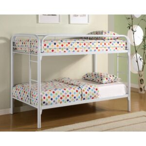 with built-in ladders on each side and a full-length guard rail. This twin over twin bed offers a clean feel with its crisp white finish. With straight elongated legs