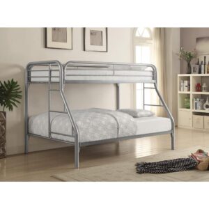 restful sleep. Each end features a ladder for easy up-and-down access. Metal frame is finished in lustrous silver for a contemporary ambiance. With a 20/20-piece slat kit included