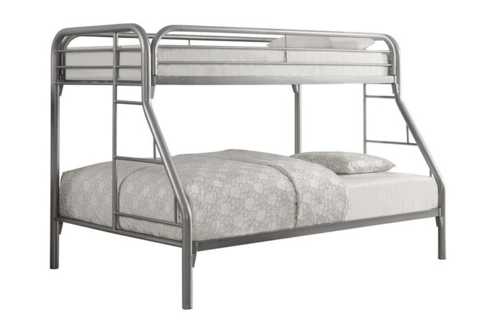 This bunk bed has youthful convenience and comfort. Top bunk has a slatted railing to ensure a safe
