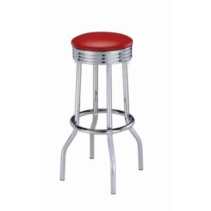 this barstool adds a funky edge to your decor. A bright red seat cushion combines with a high-shine chrome base for a delightfully retro look. Its four smooth