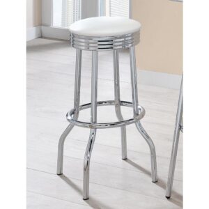 Let your mind wander to a mid-century ice cream parlor. The charm of retro influence makes its way into this fabulous bar stool. Using traditional materials such as chrome finish metal and cool white upholstery over its round raised cushion