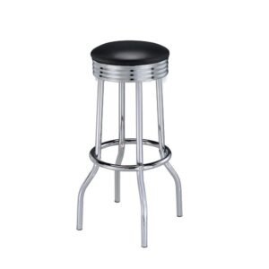the era of soda fountains and roller-skating servers. Stool comes with cushioned black leatherette seats. Thick round footrest to rest your black-and-white saddle shoes while sipping an ice cream float. With chrome seat rim and legs to complete the effect. Chrome plated '57 Cadillac with whitewall tires not included.